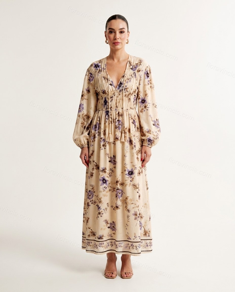 Beige Floral Maxi Dress, front studio view, by Floravincie