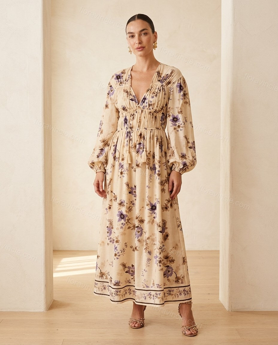 Beige Floral Maxi Dress, full-length hero view, by Floravincie