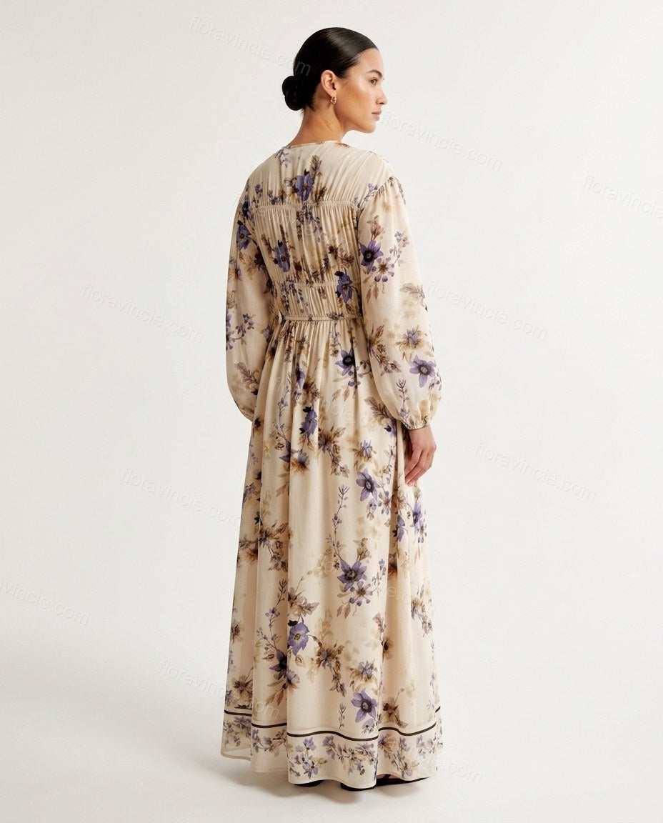 Beige Floral Maxi Dress, back studio view showing shirred upper back and waist panel, by Floravincie