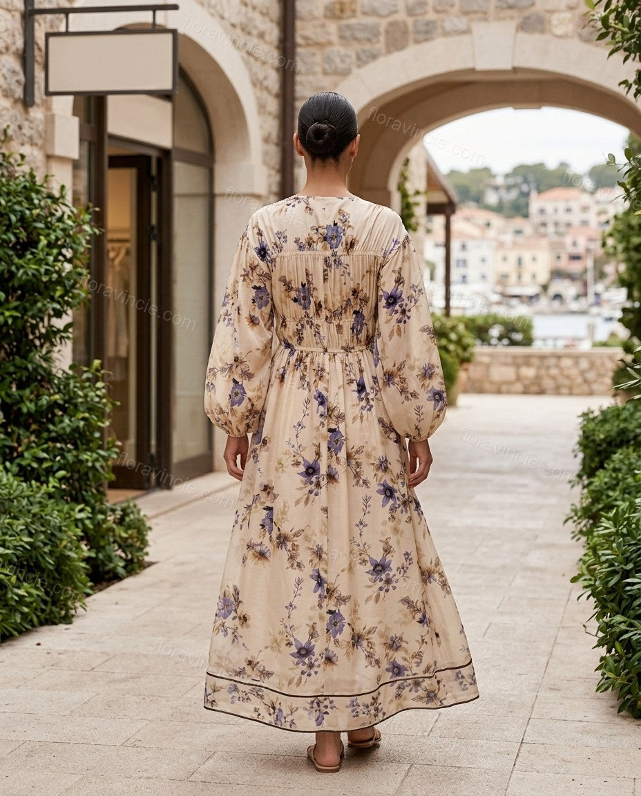 Beige Floral Maxi Dress, movement and fit lifestyle view, by Floravincie
