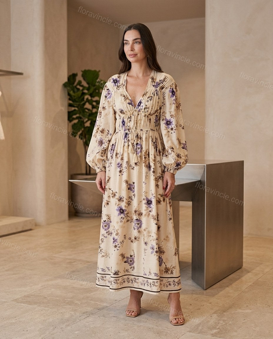 Beige Floral Maxi Dress, three-quarter brand lifestyle view, by Floravincie