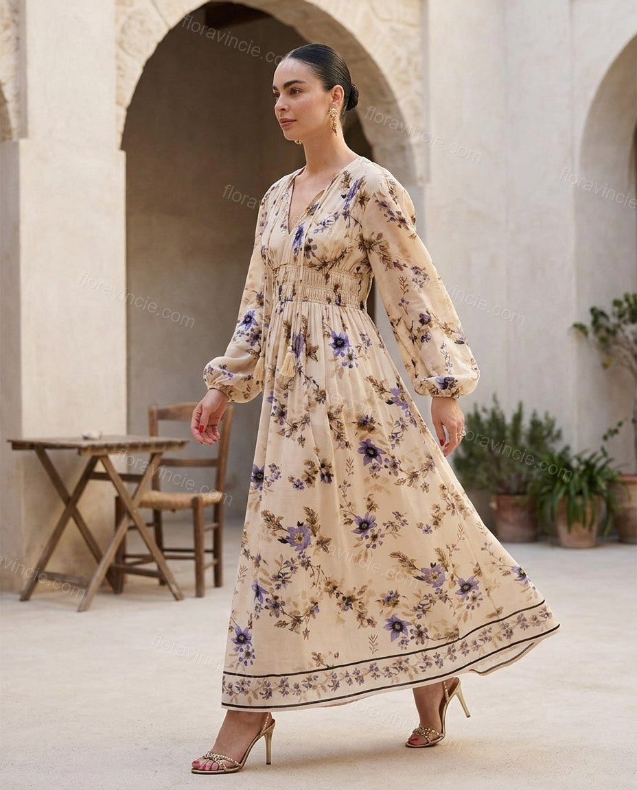 Beige Floral Maxi Dress, walking lifestyle view, by Floravincie