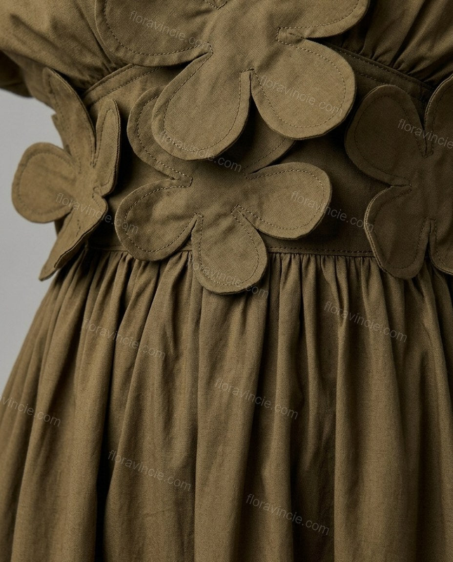 Olive Green Midi Cotton Dress, close-up of floral appliques, gathered waist and tie details on sleeves, by Floravincie