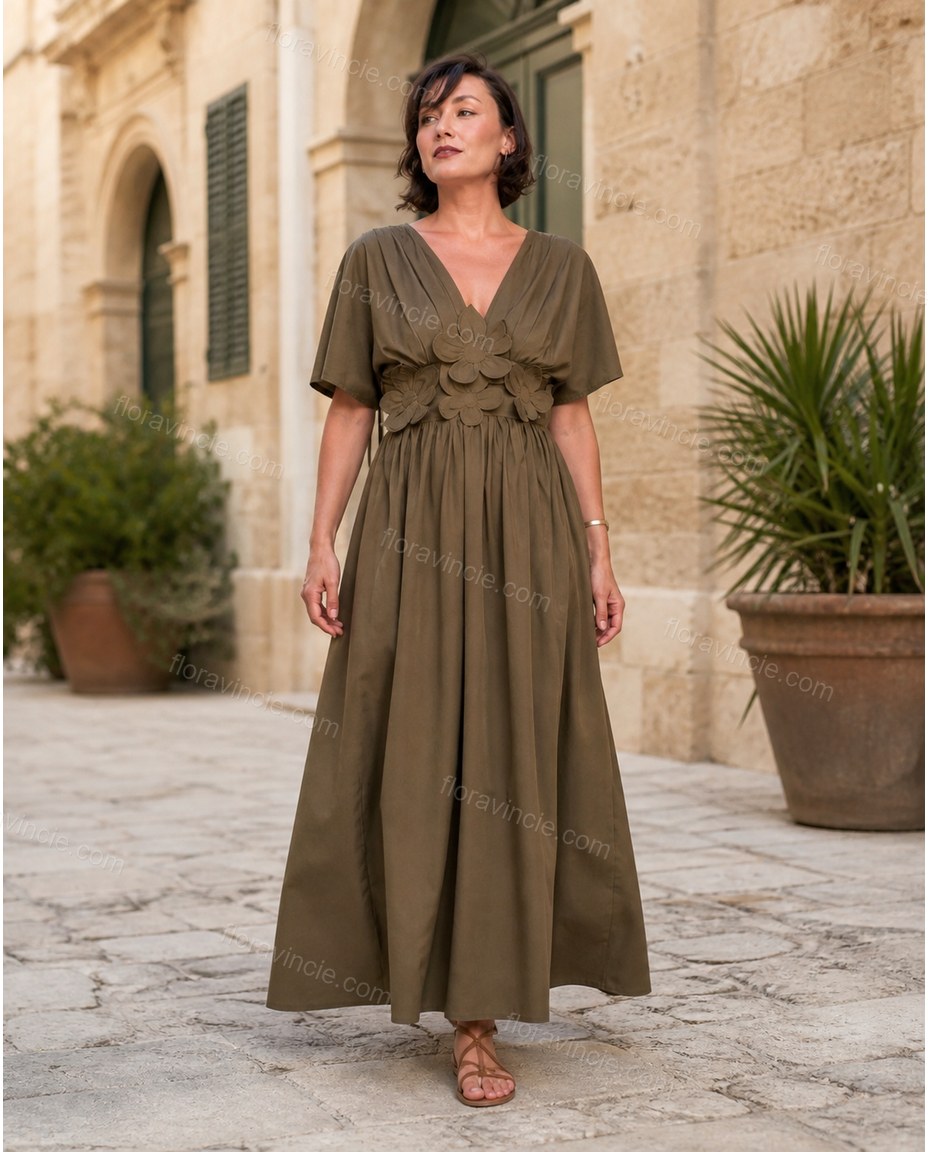 Olive Green Midi Cotton Dress, movement and fit lifestyle view, by Floravincie