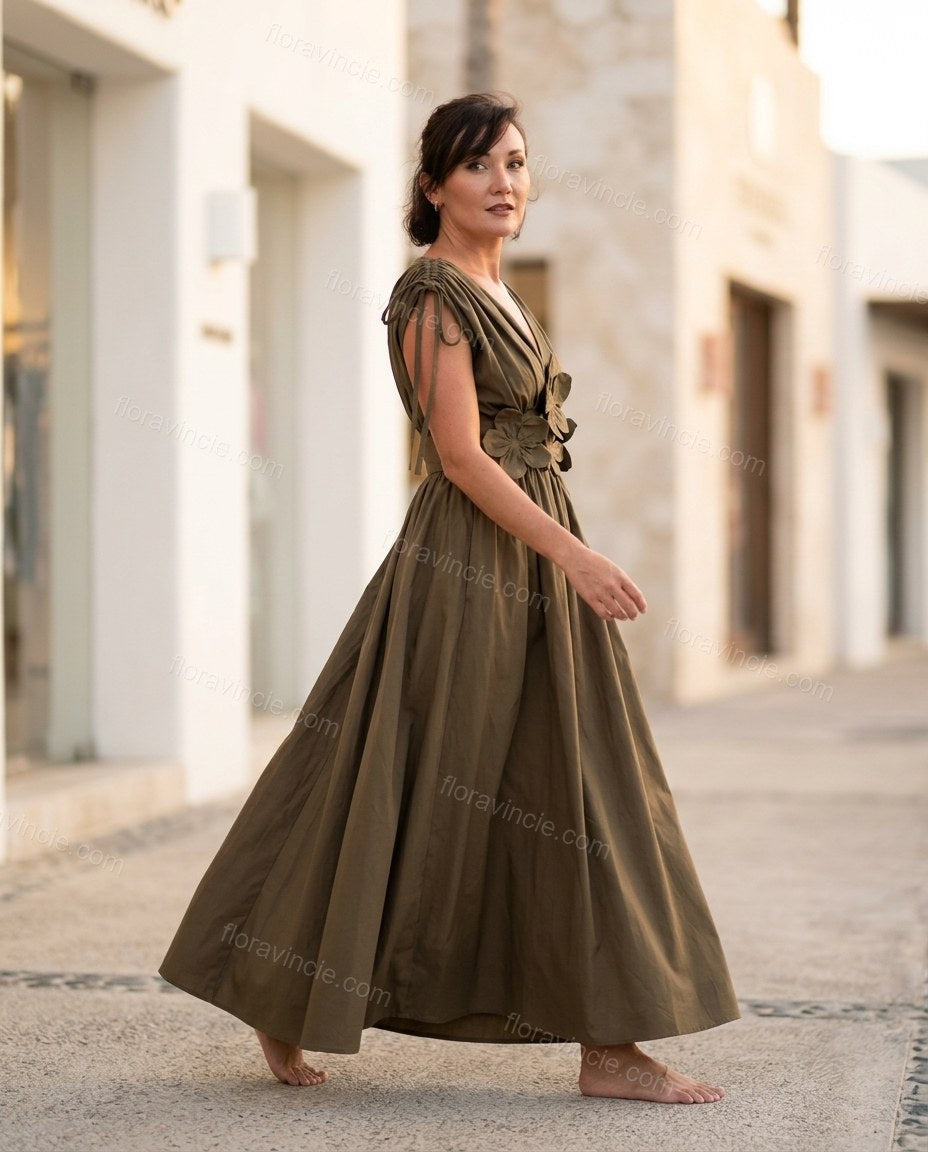 Olive Green Midi Cotton Dress, walking lifestyle view, by Floravincie