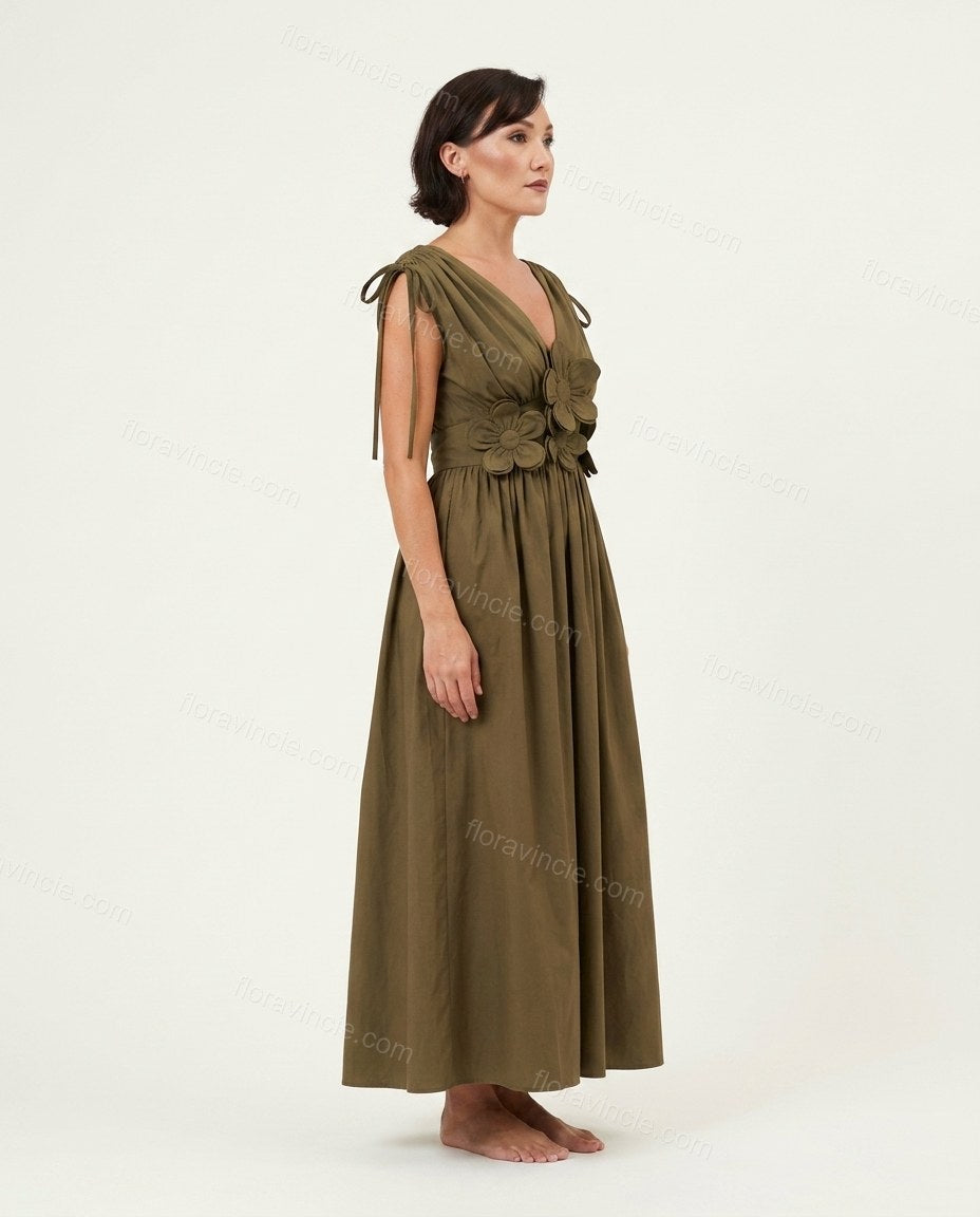 Olive Green Midi Cotton Dress, side and back studio view showing v-back or scoop back with shoulder ties, gathered waist, by Floravincie