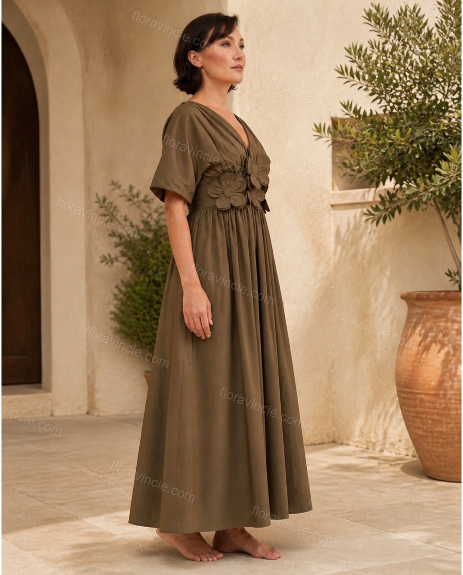 Olive Green Midi Cotton Dress, three-quarter brand lifestyle view, by Floravincie