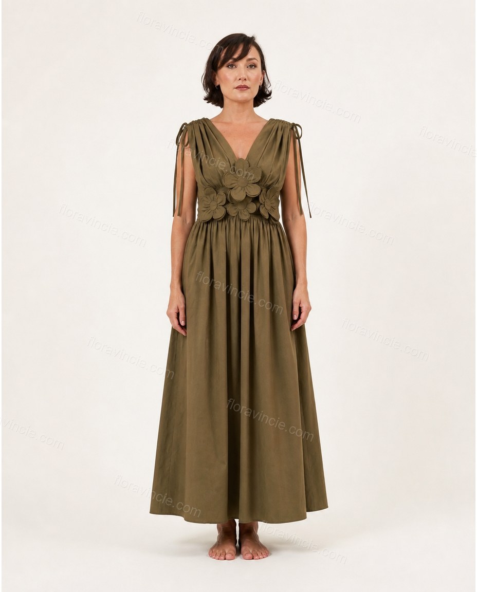 Olive Green Midi Cotton Dress, front studio view, by Floravincie