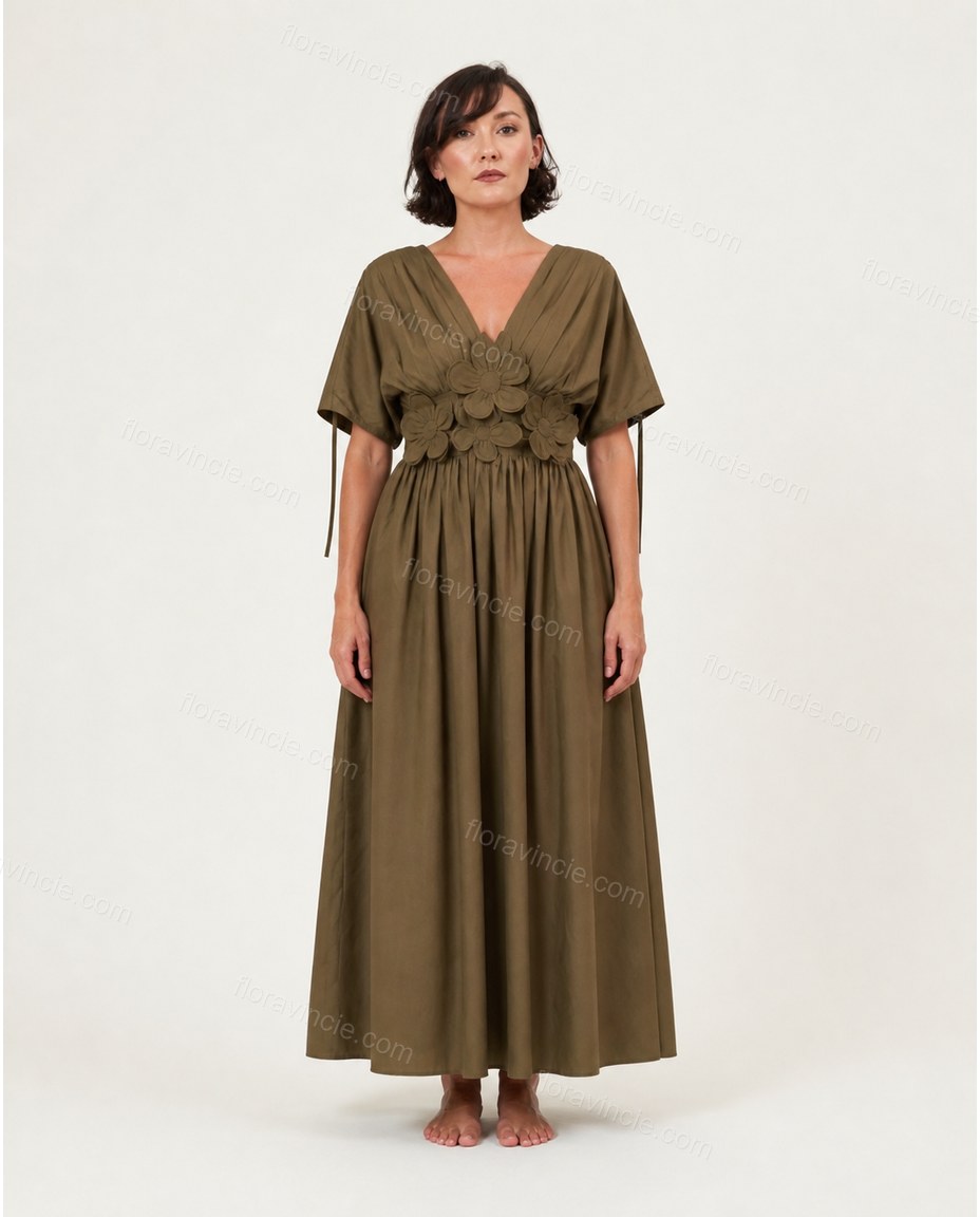 Olive Green Midi Cotton Dress, full-length hero view, by Floravincie