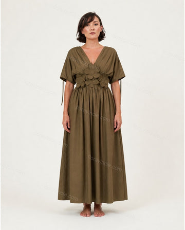 Olive Green Midi Cotton Dress, full-length hero view, by Floravincie