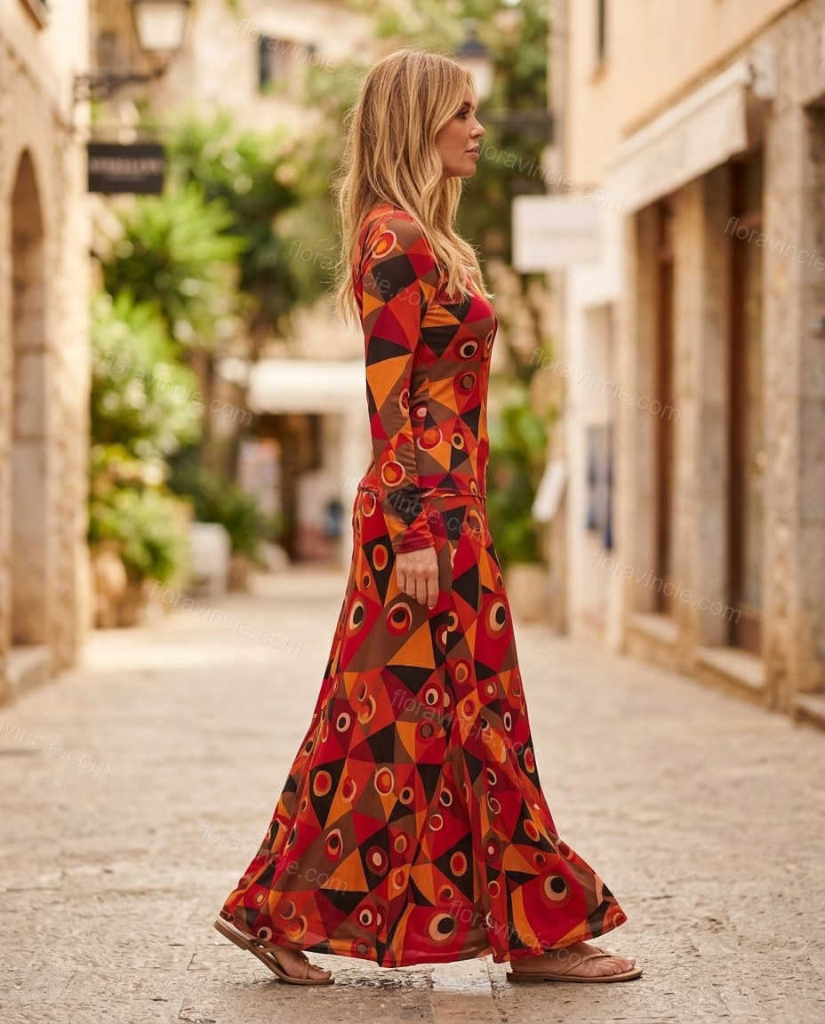 Red Geometric Maxi Knit Dress, movement and fit lifestyle view, by Floravincie