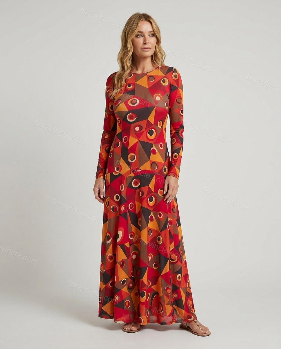 Red Geometric Maxi Knit Dress, full-length hero view, by Floravincie