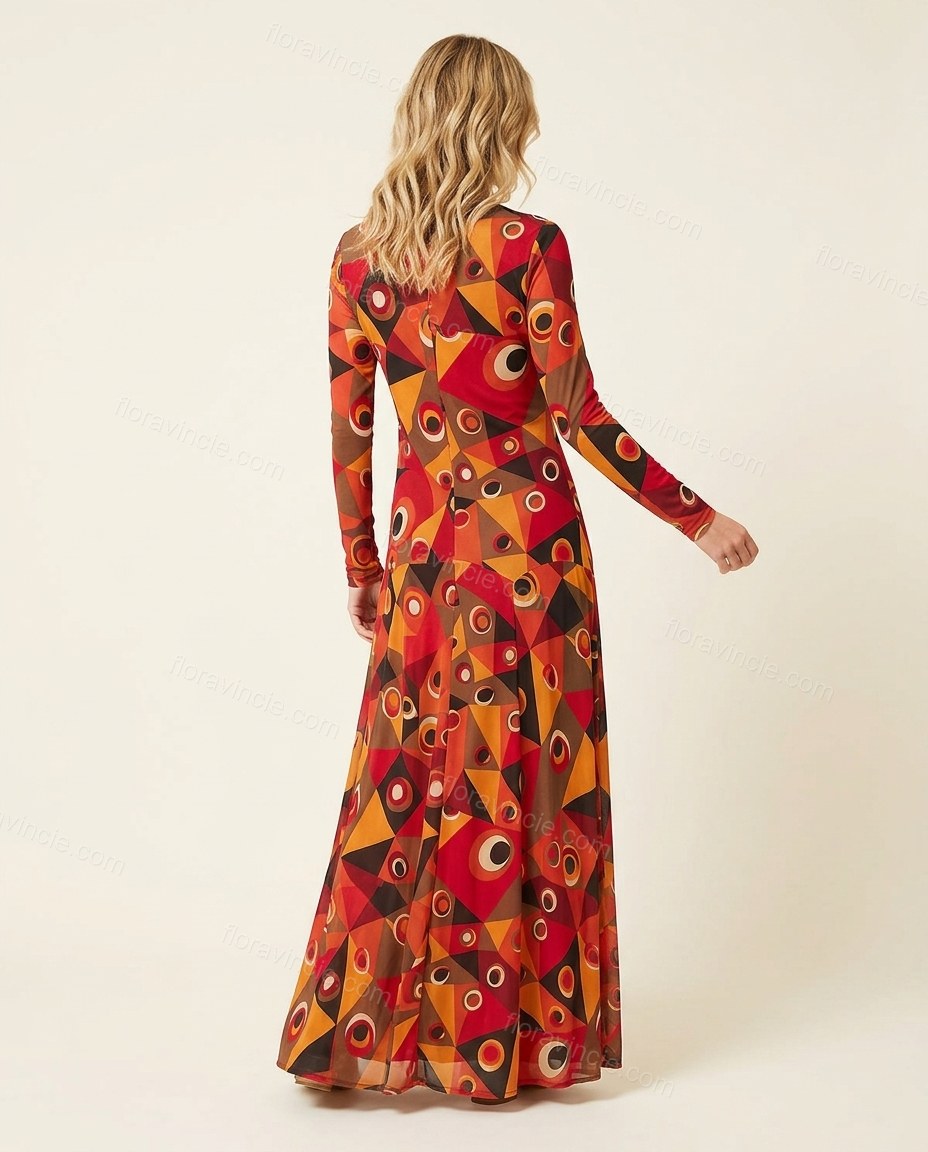 Red Geometric Maxi Knit Dress, back studio view showing unclear, likely continuous fabric with geometric print, by Floravincie