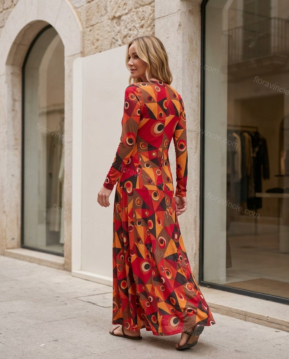Red Geometric Maxi Knit Dress, alternate use-case lifestyle view, by Floravincie