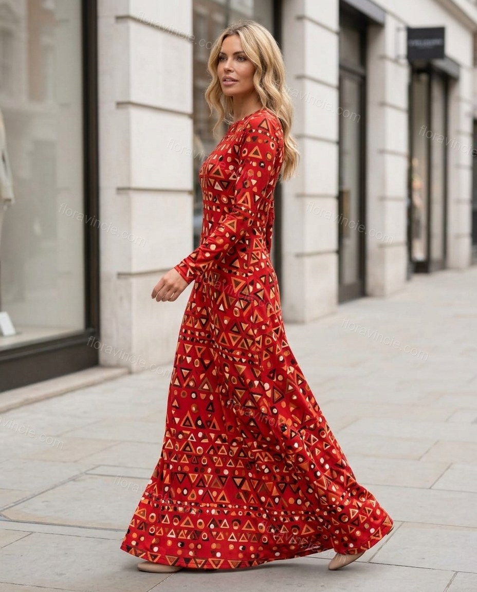Red Geometric Maxi Knit Dress, walking lifestyle view, by Floravincie