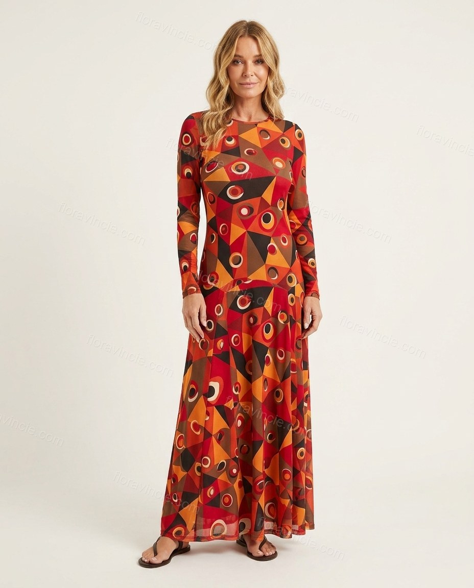 Red Geometric Maxi Knit Dress, front studio view, by Floravincie