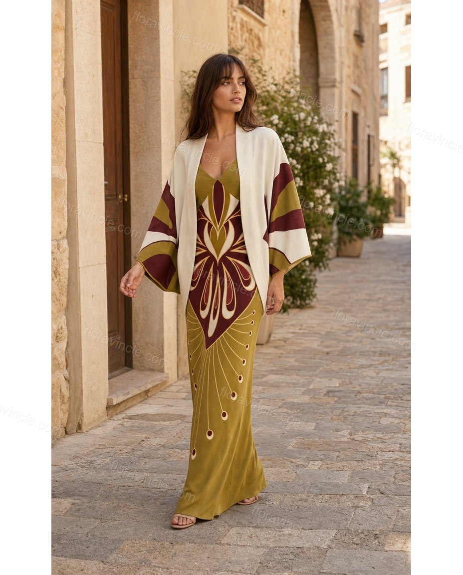 Olive Green Abstract Maxi Eyelet Dress, walking lifestyle view, by Floravincie