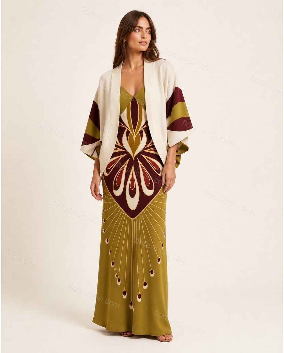 Olive Green Abstract Maxi Eyelet Dress, front studio view, by Floravincie