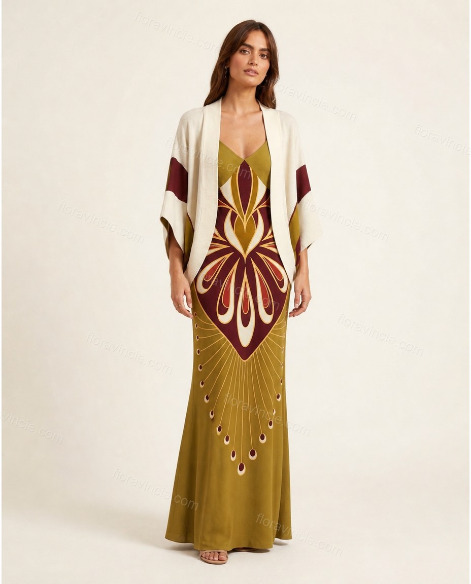 Olive Green Abstract Maxi Eyelet Dress, full-length hero view, by Floravincie