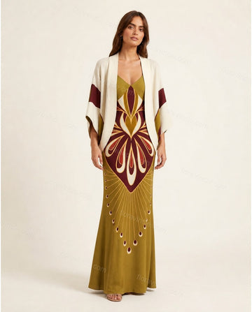 Olive Green Abstract Maxi Eyelet Dress, full-length hero view, by Floravincie