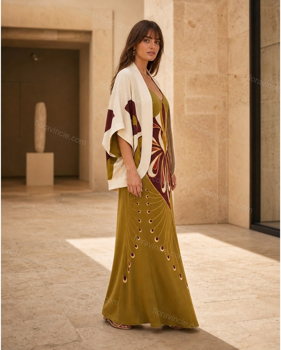 Olive Green Abstract Maxi Eyelet Dress, three-quarter brand lifestyle view, by Floravincie