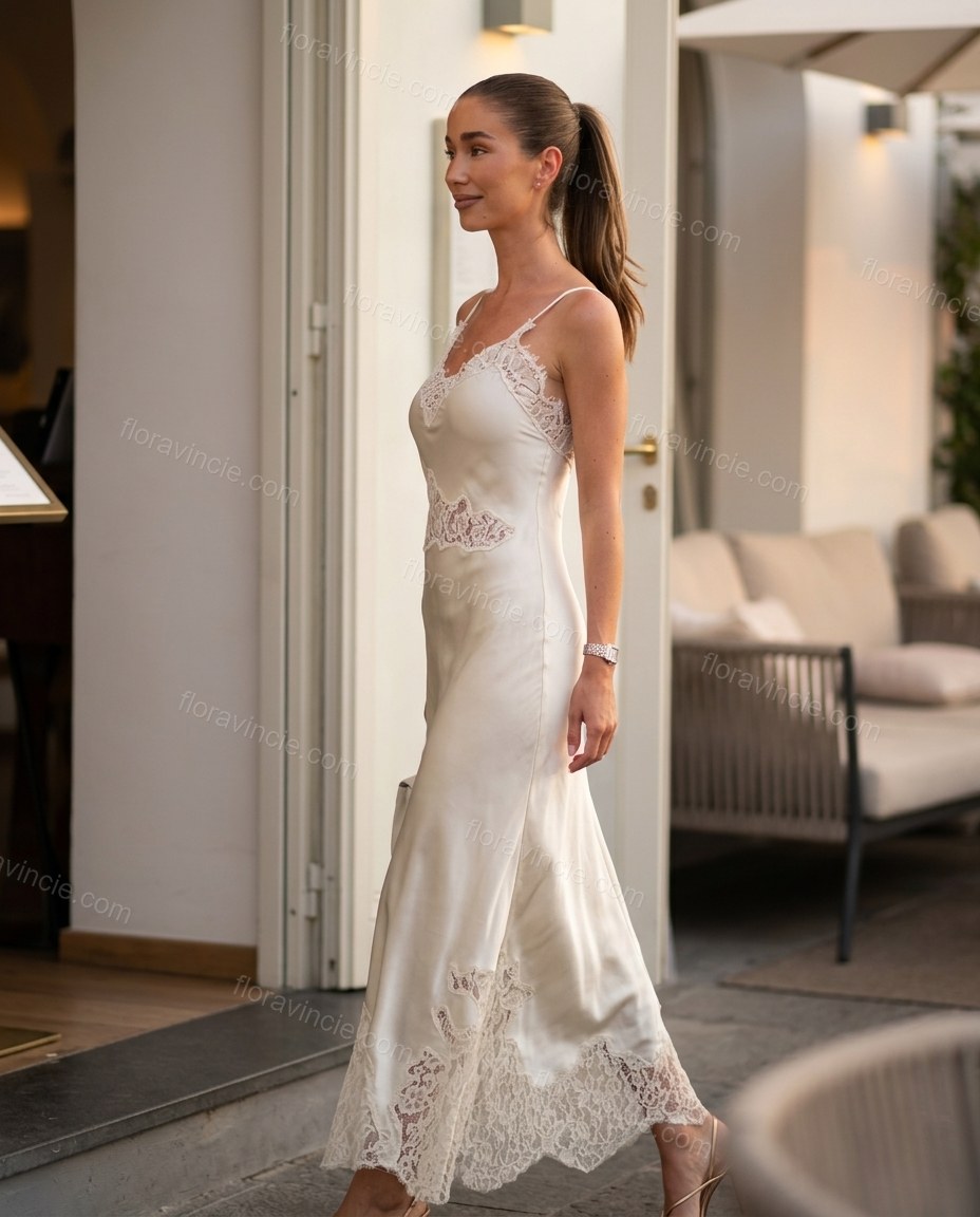 Off-white Maxi Satin Lace Dress, movement and fit lifestyle view, by Floravincie