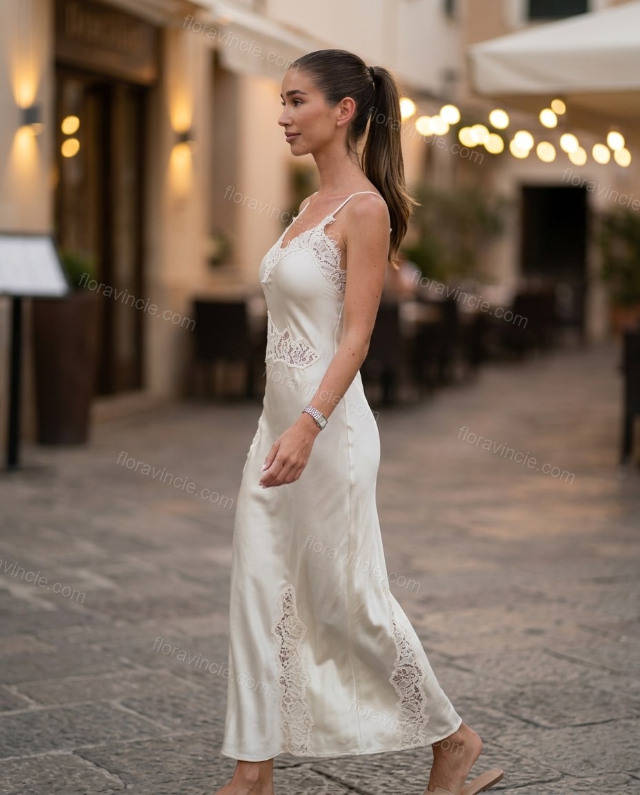 Off-white Maxi Satin Lace Dress, walking lifestyle view, by Floravincie