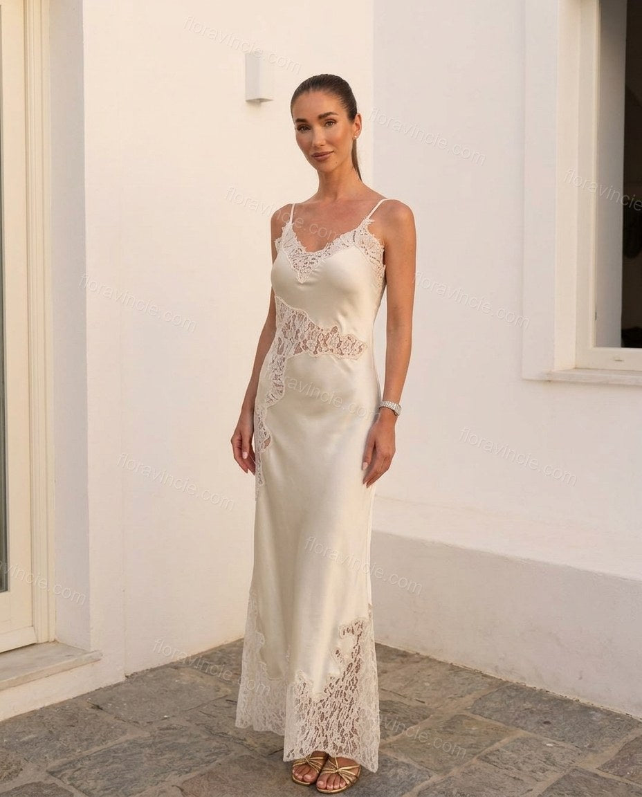 Off-white Maxi Satin Lace Dress, full-length hero view, by Floravincie