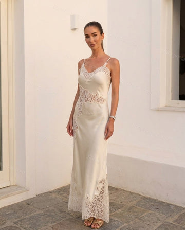 Off-white Maxi Satin Lace Dress, full-length hero view, by Floravincie