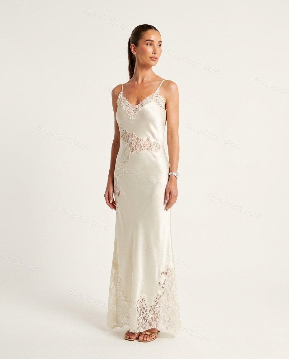 Off-white Maxi Satin Lace Dress, front studio view, by Floravincie