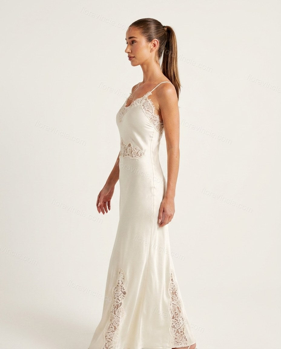 Off-white Maxi Satin Lace Dress, side and back studio view, by Floravincie