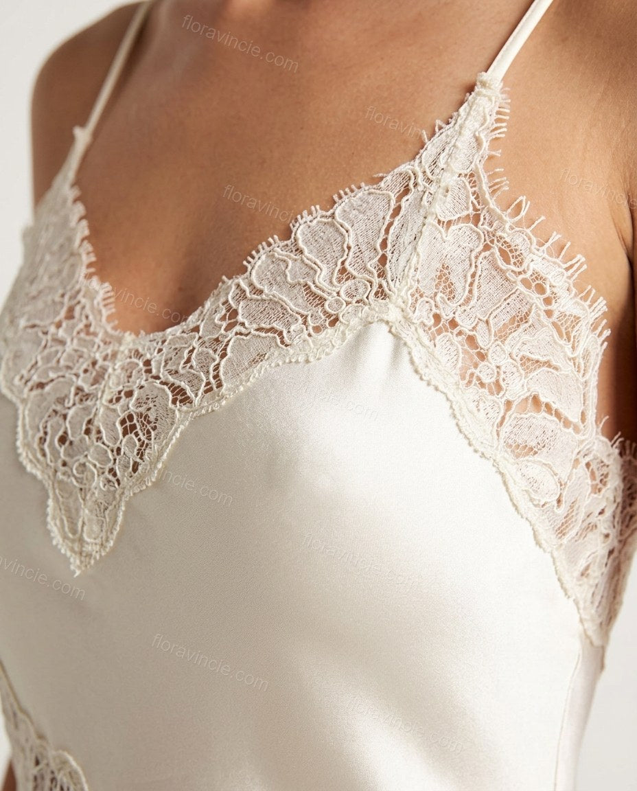 Off-white Maxi Satin Lace Dress, close-up of lace trim, lace inserts and spaghetti straps, by Floravincie