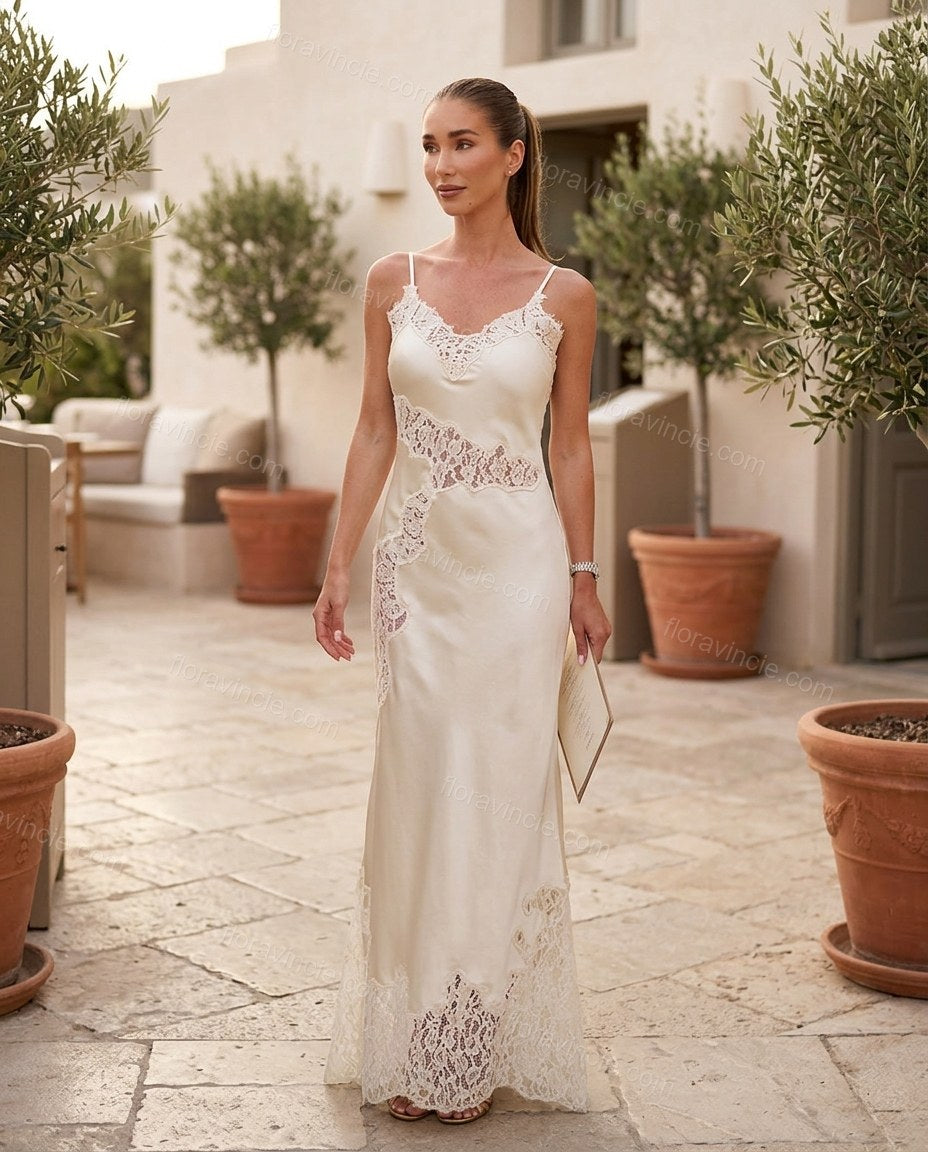 Off-white Maxi Satin Lace Dress, three-quarter brand lifestyle view, by Floravincie