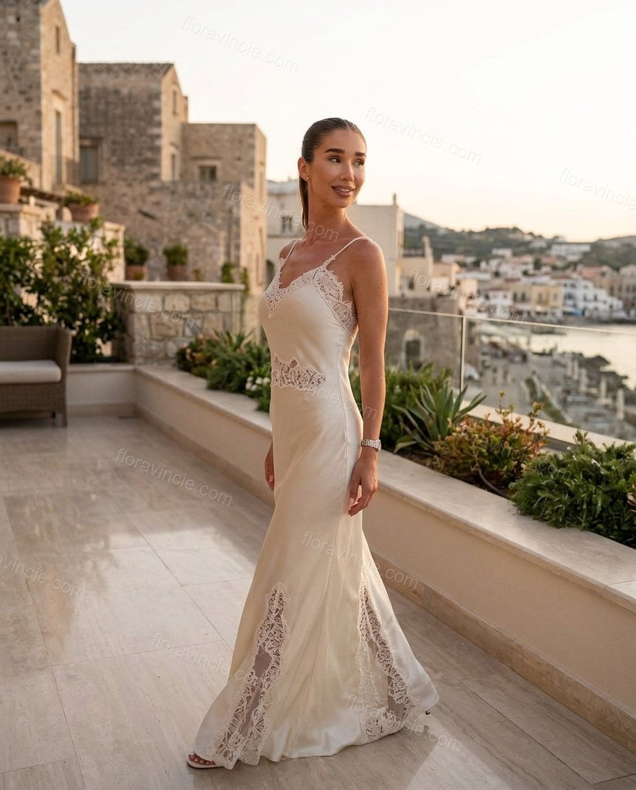 Off-white Maxi Satin Lace Dress, alternate use-case lifestyle view, by Floravincie