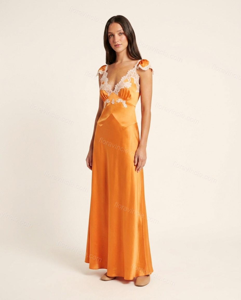 Orange Floral Maxi Satin Dress, front studio view, by Floravincie
