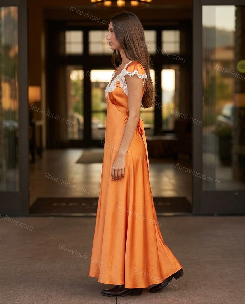 Orange Floral Maxi Satin Dress, alternate use-case lifestyle view, by Floravincie