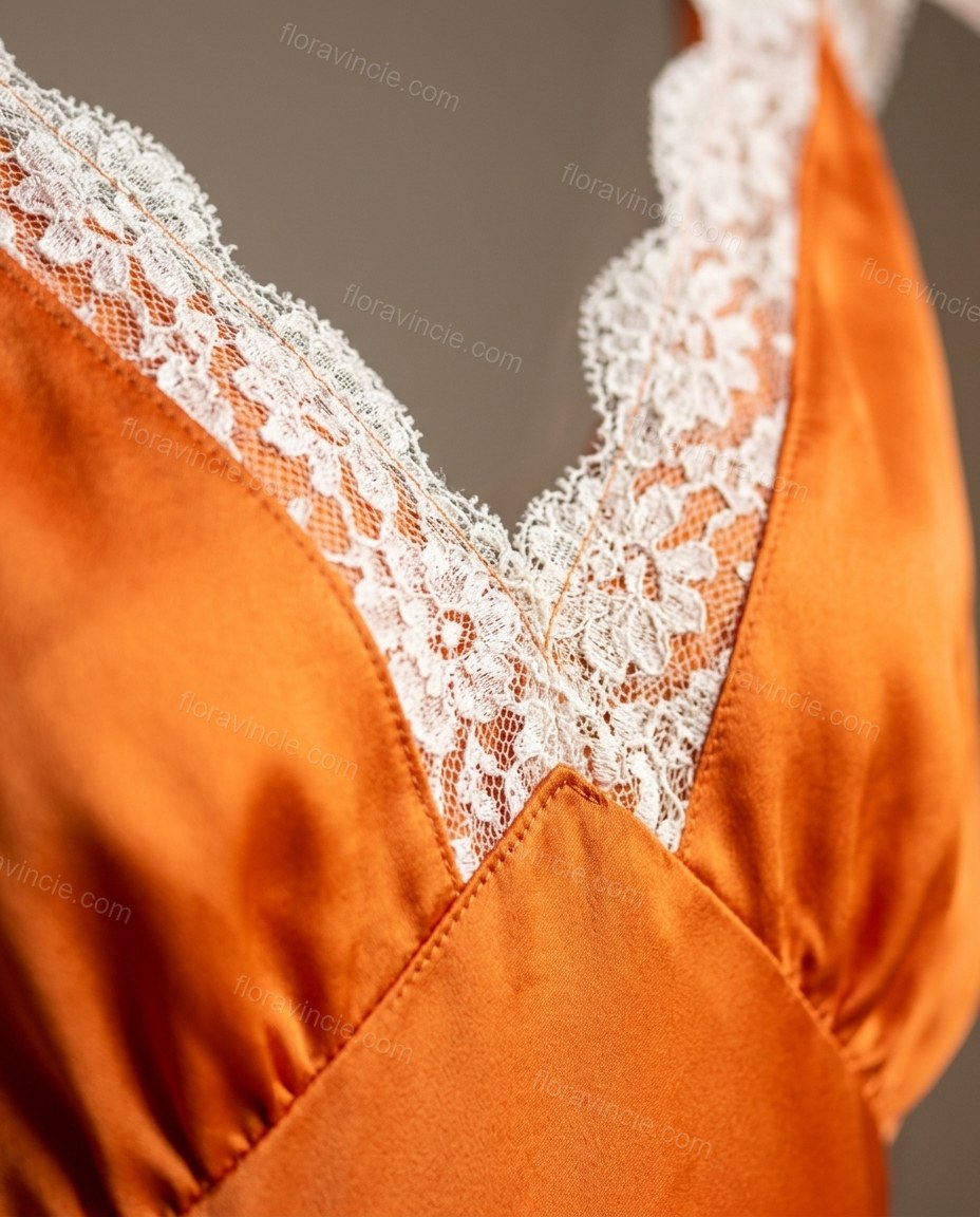 Orange Floral Maxi Satin Dress, close-up of floral, by Floravincie