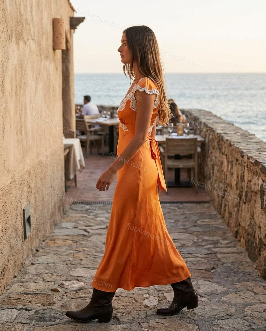 Orange Floral Maxi Satin Dress, walking lifestyle view, by Floravincie