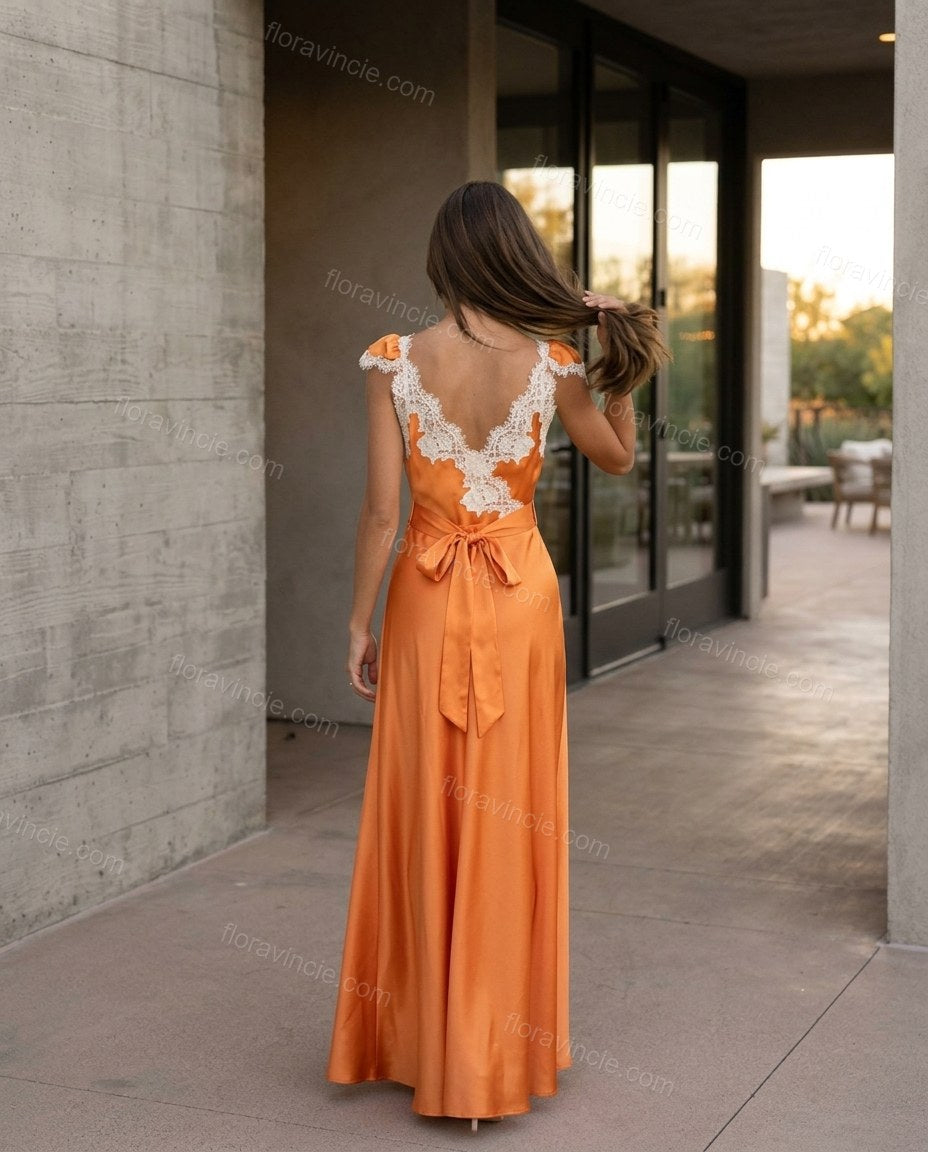 Orange Floral Maxi Satin Dress, movement and fit lifestyle view, by Floravincie