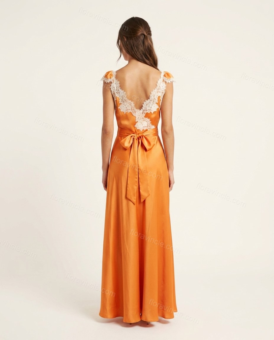 Orange Floral Maxi Satin Dress, back studio view showing open back with a tie closure, by Floravincie