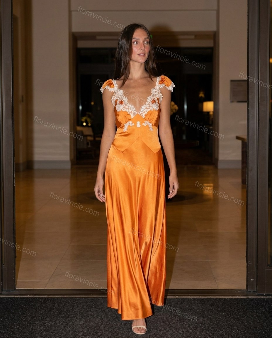 Orange Floral Maxi Satin Dress, three-quarter brand lifestyle view, by Floravincie