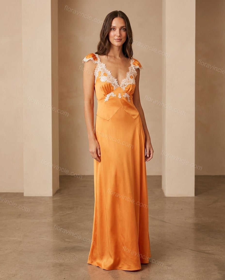 Orange Floral Maxi Satin Dress, full-length hero view, by Floravincie