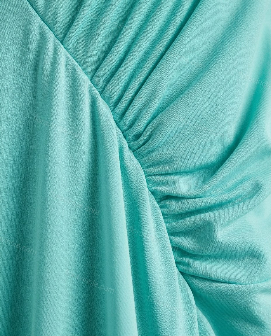 Aqua Halter Ruffled Knit Dress, close-up of ruching, ruffles and back zipper, by Floravincie