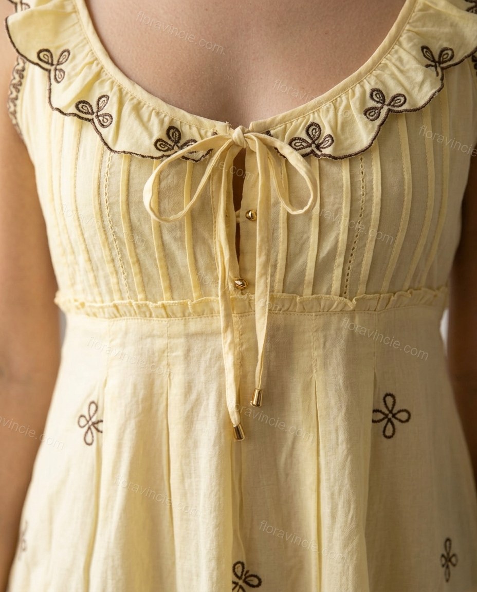 Pale Butter Yellow Floral Mini Embroidered Dress, close-up of floral embroidery, by Floravincie