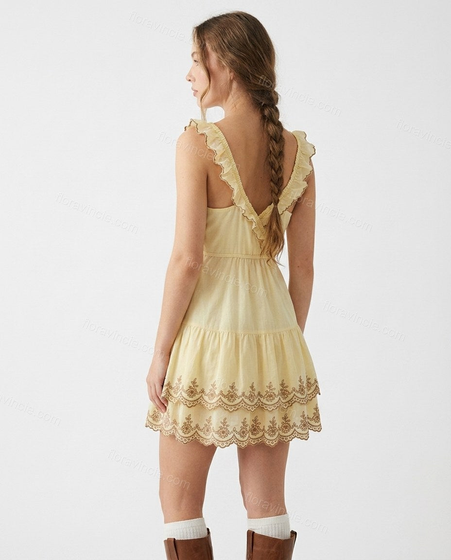 Pale Butter Yellow Floral Mini Embroidered Dress, back studio view, by Floravincie