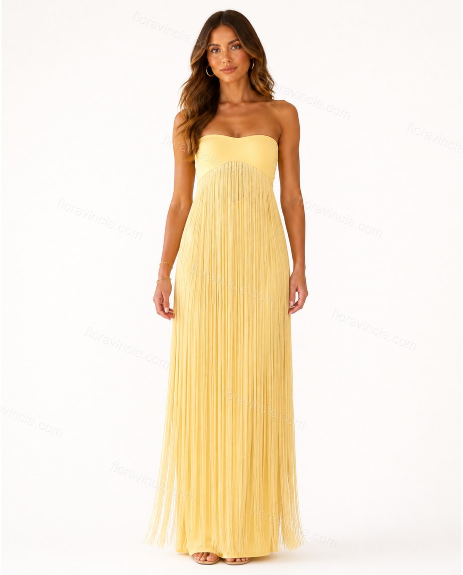 Yellow Maxi Fringe Knit Dress, front studio view, by Floravincie