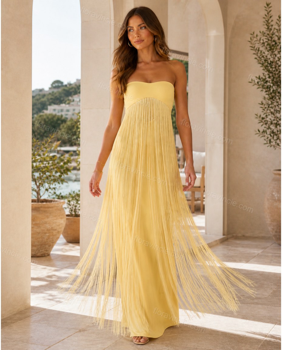 Yellow Maxi Fringe Knit Dress, walking lifestyle view, by Floravincie
