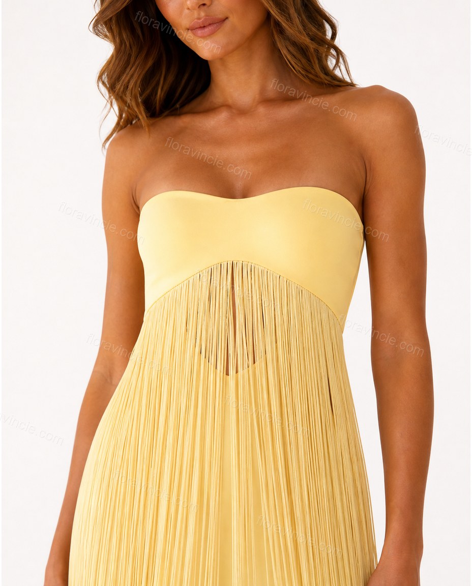 Yellow Maxi Fringe Knit Dress, close-up of fringe, straight silhouette and sleeveless, by Floravincie