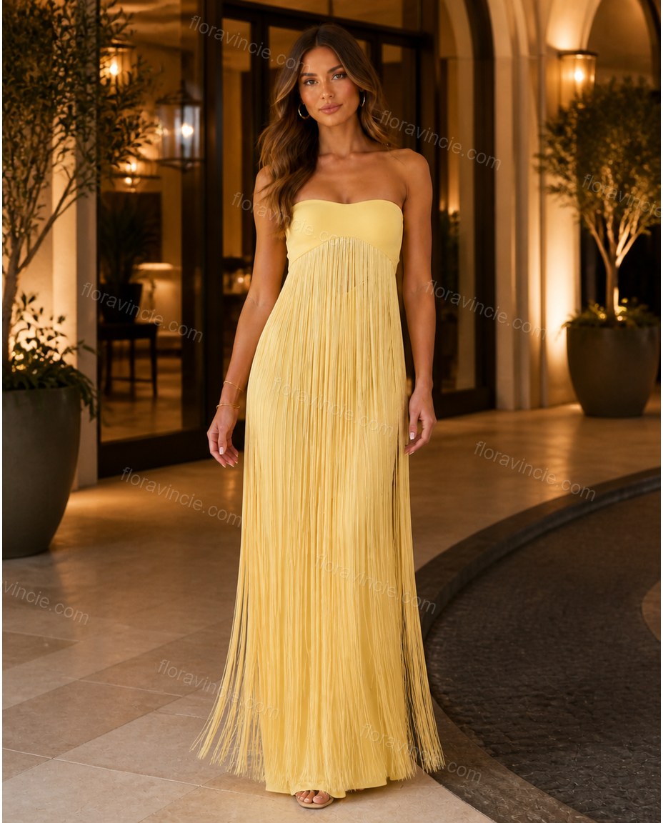 Yellow Maxi Fringe Knit Dress, three-quarter brand lifestyle view, by Floravincie