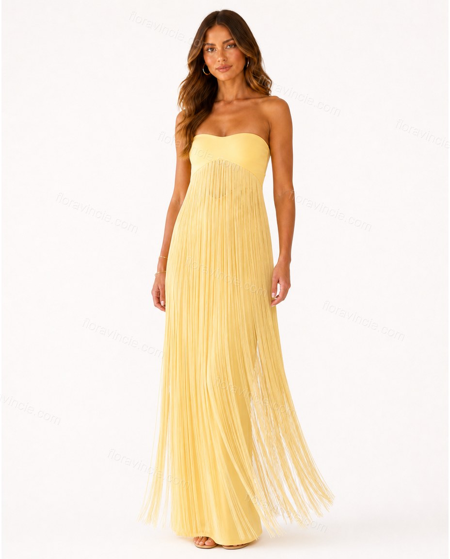 Yellow Maxi Fringe Knit Dress, side and back studio view, by Floravincie